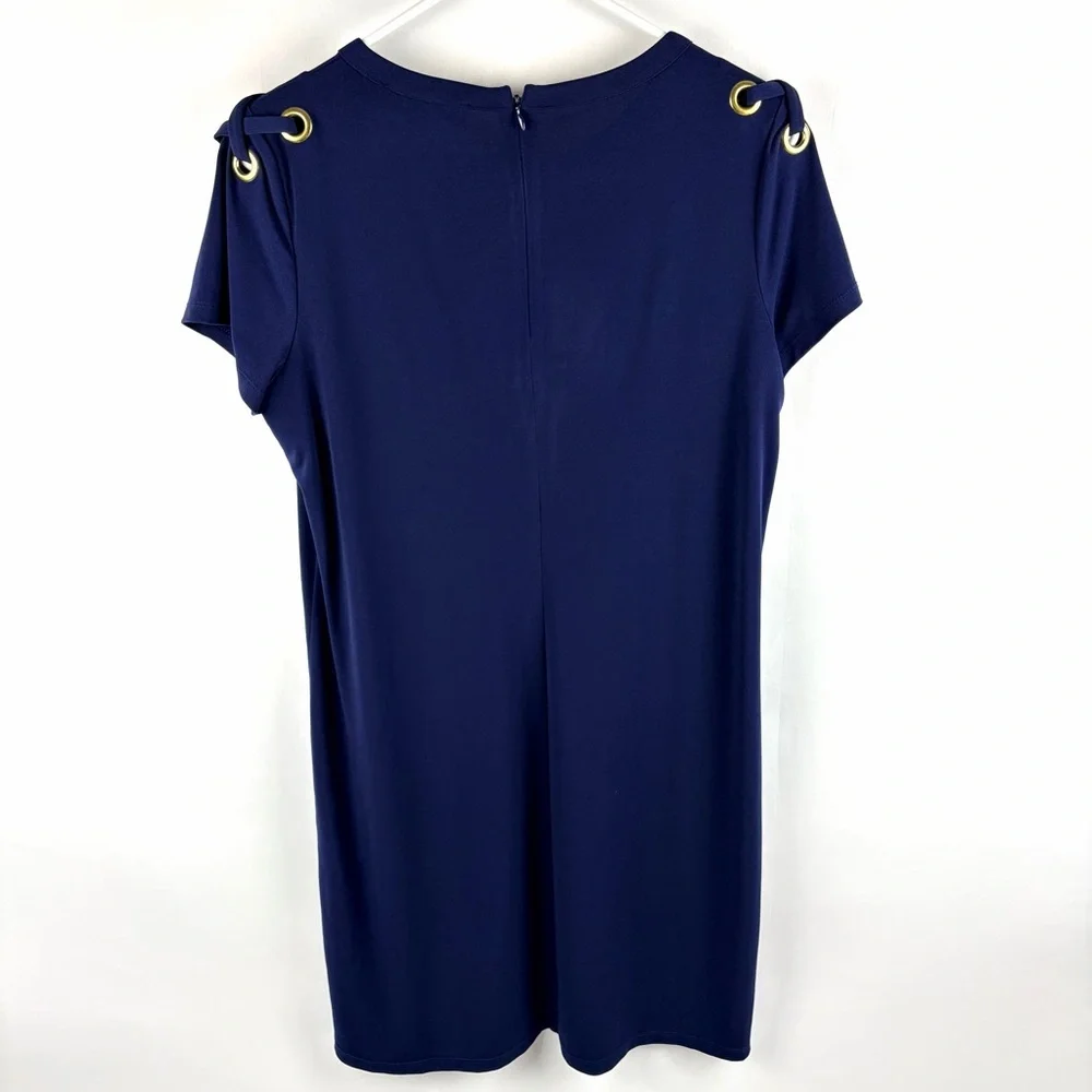 Michael Kors Navy Grommet Lace Up Shoulder Shift Dress Medium Gold